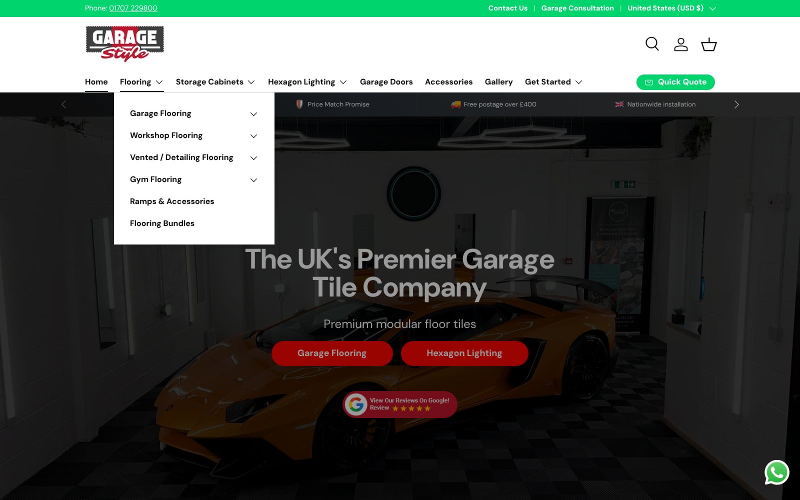 Garage Style mega menu showing flooring, storage cabinets, hexagon lighting and garage doors