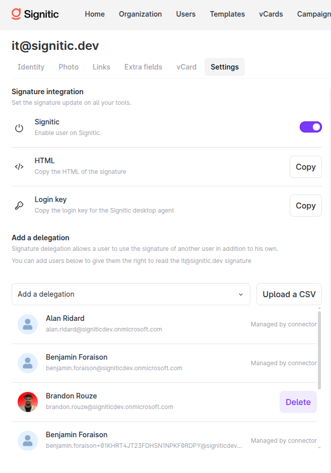 Fiche d'une boîte partagée dans Signitic avec la liste des délégations synchronisées depuis Microsoft 365