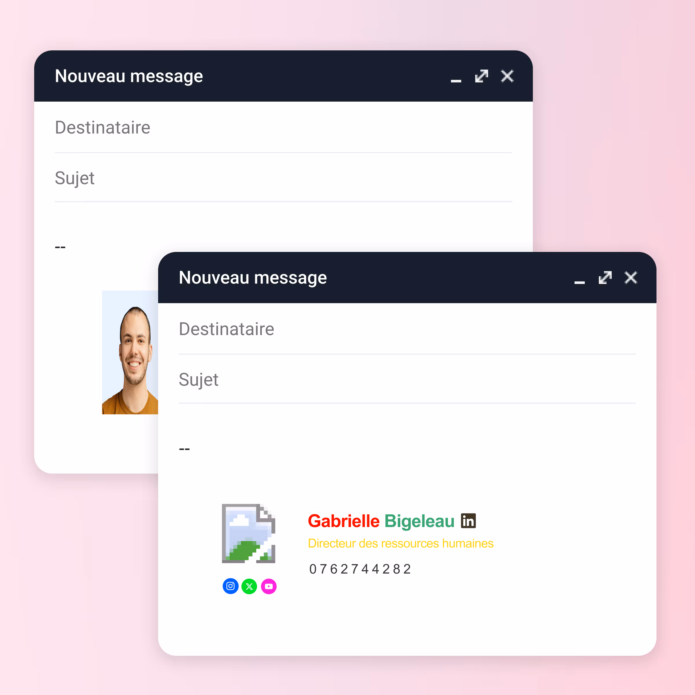 Dwa niespójne podpisy e-mail w oknach nowej wiadomości