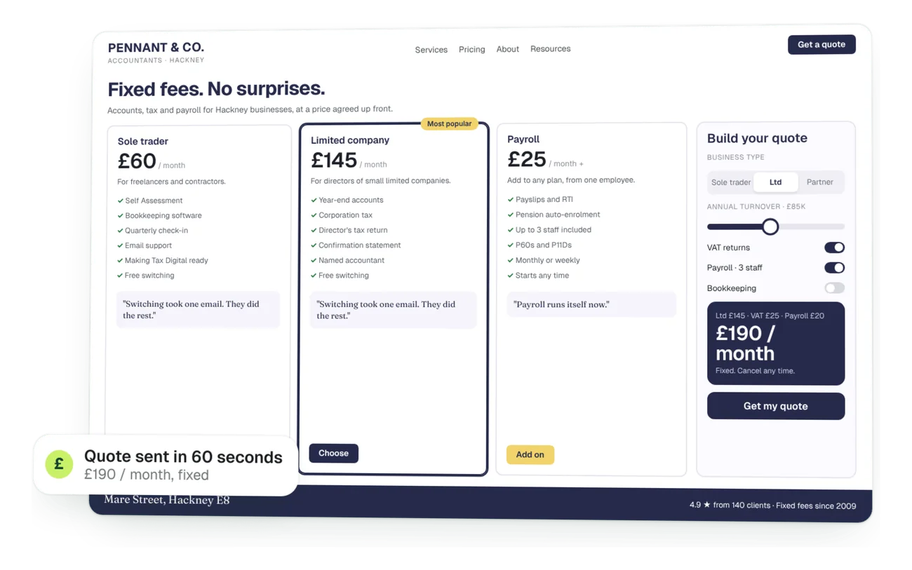 Accountancy website with fixed fees and an instant quote builder