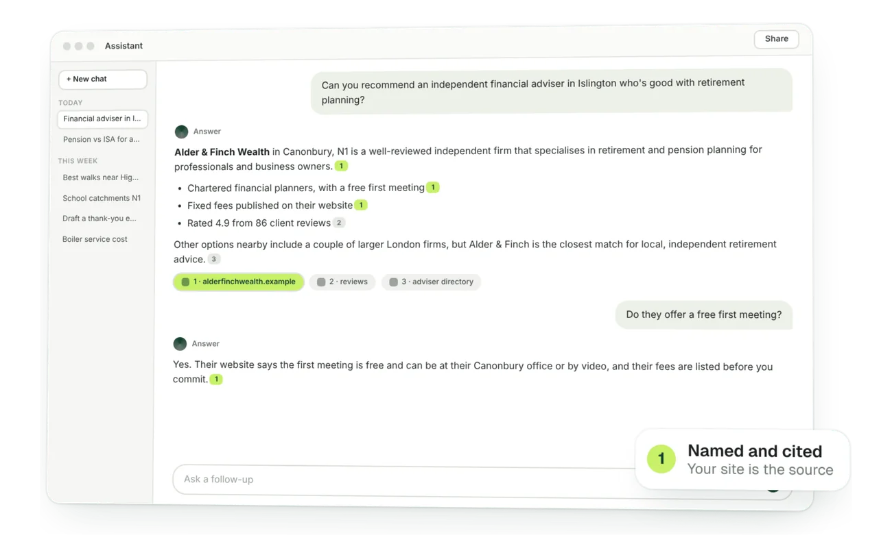 AI assistant answer recommending a financial adviser and citing its website