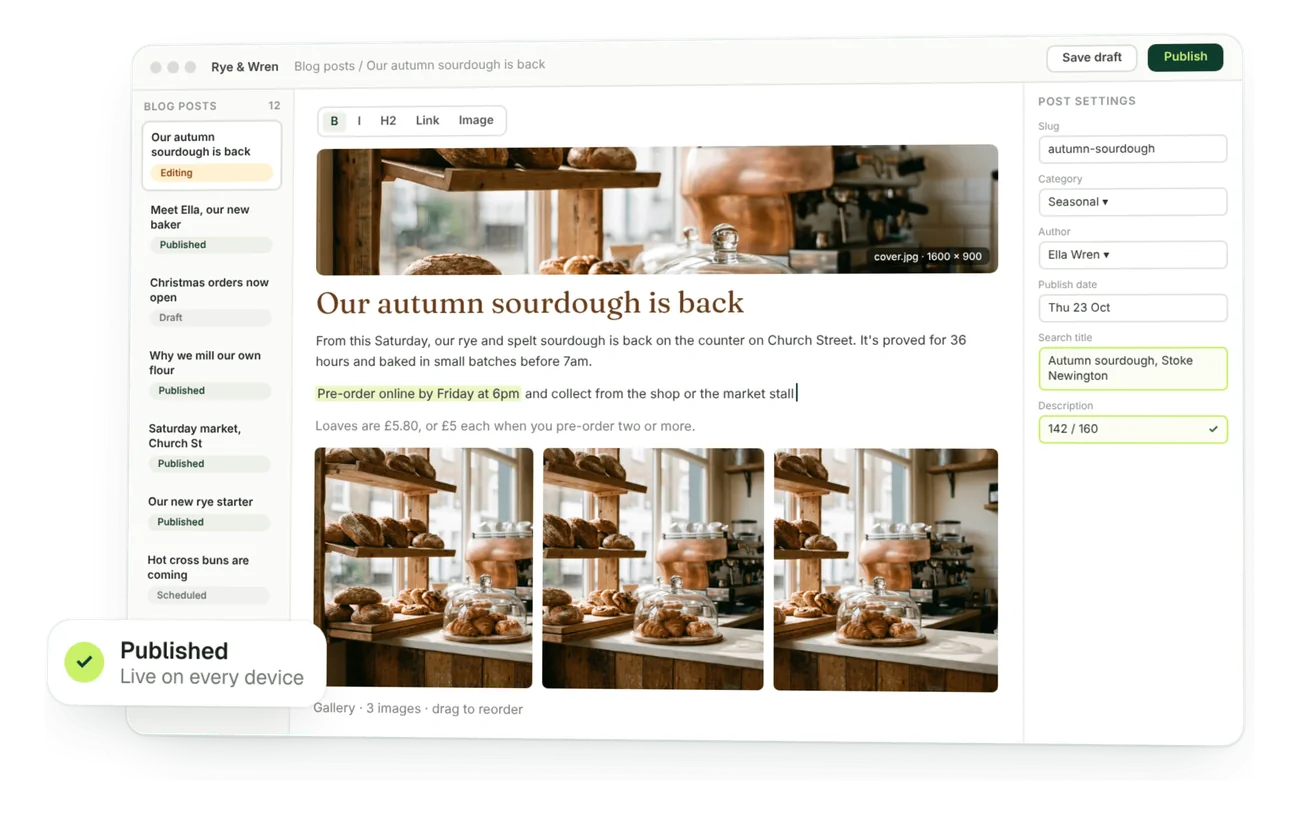 Website editor with a blog post ready to publish