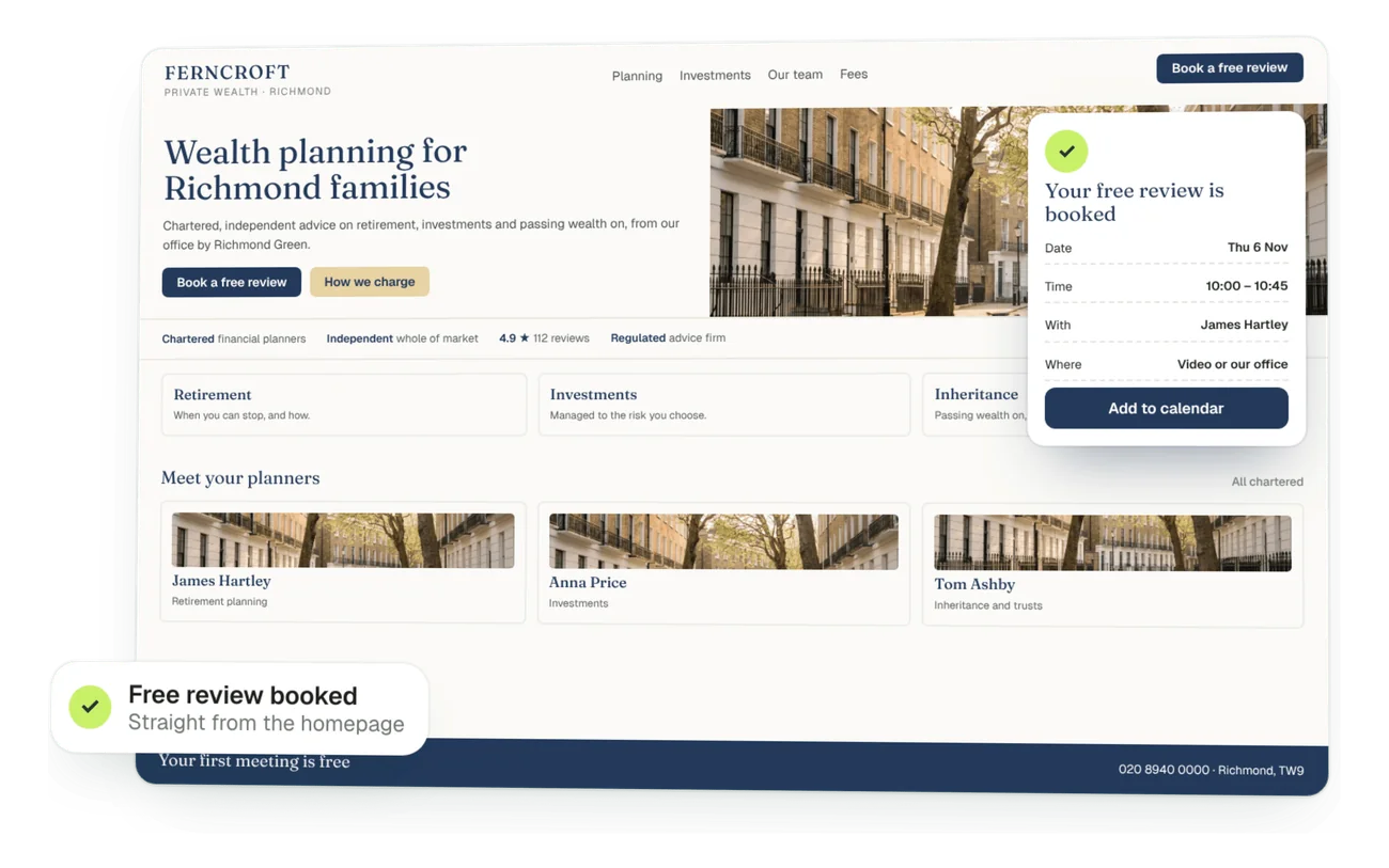 Wealth planning firm website with a free review booked from the homepage