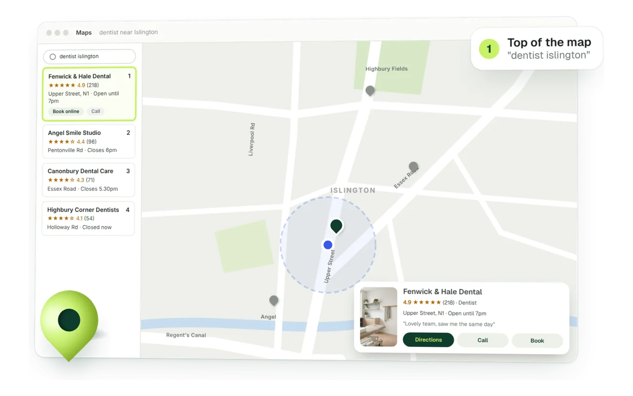 Google Maps results with a local Islington business in first place