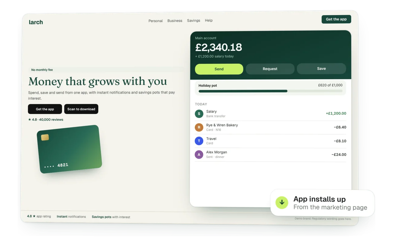 Fintech app marketing page with account and savings screens