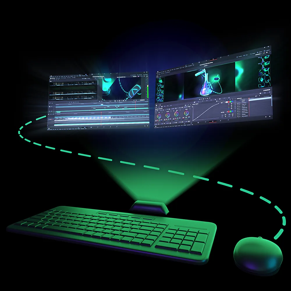 Editor working on a video edit at a desk with two monitors and a tablet