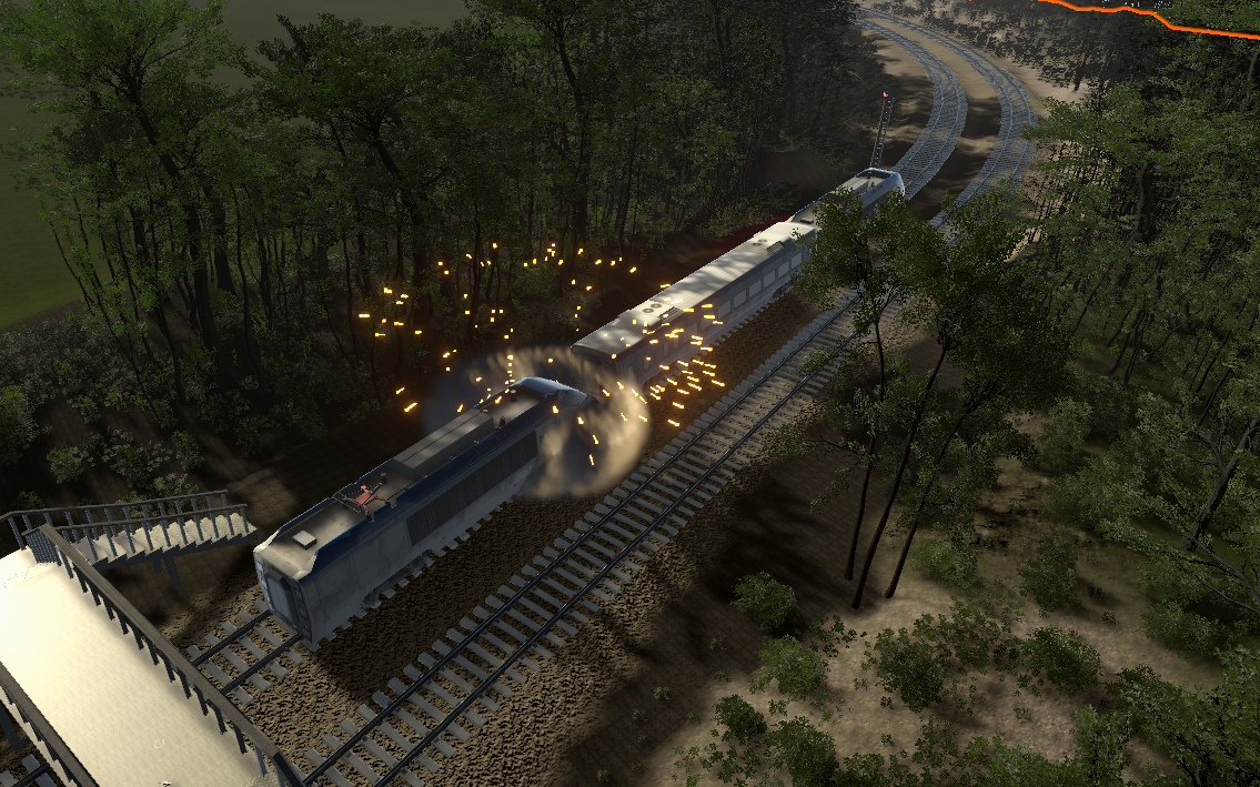VR simulation of a train on a forest railway line with sparks at the trackside