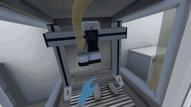 VR CNC machine training simulation flagging an unsafe hand placement hazard