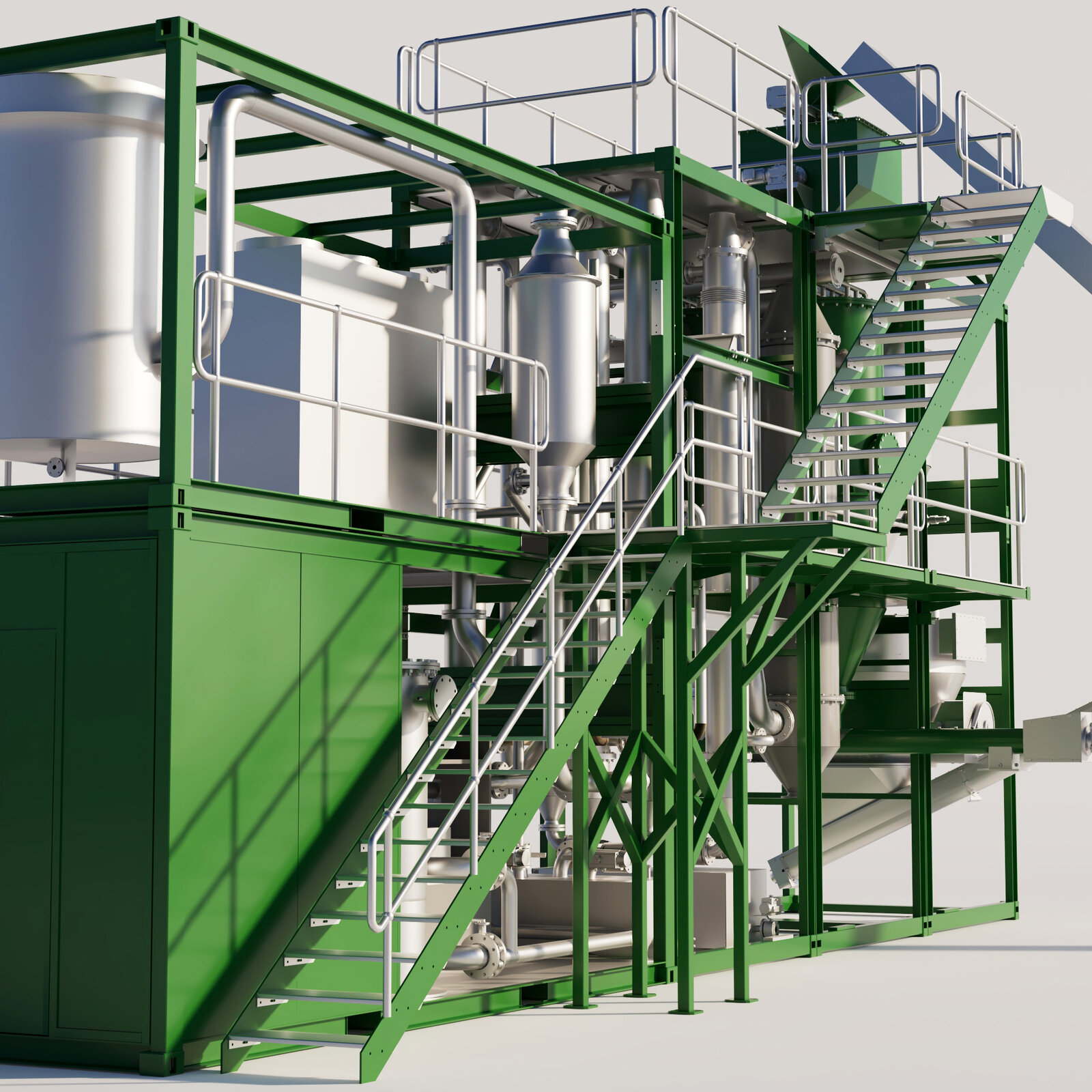 CGI render of a Refgas processing plant with stainless tanks and pipework on a green steel frame