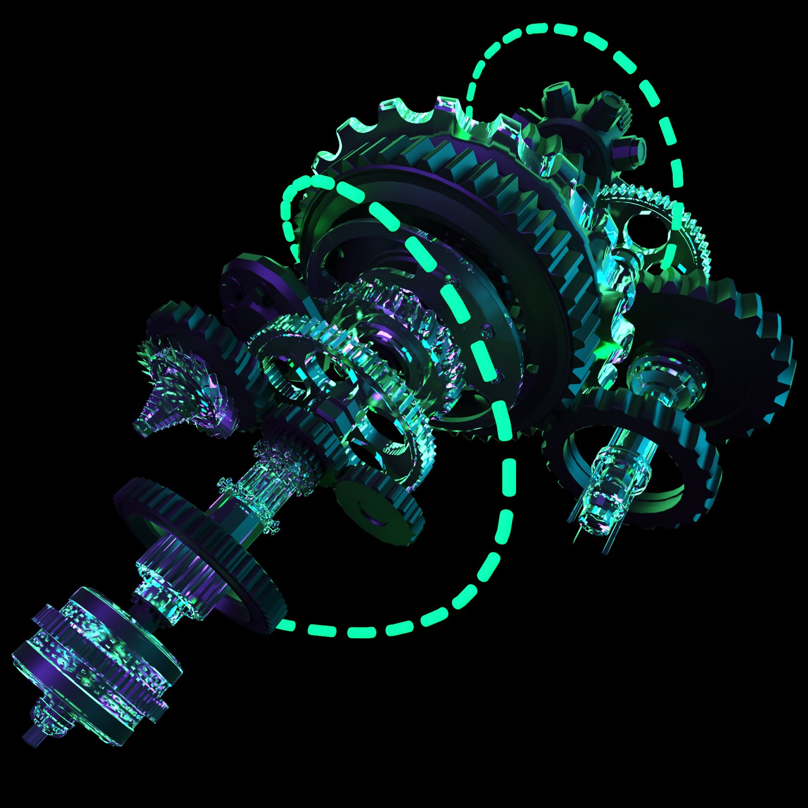 Exploded 3D view of a gearbox with glowing teal and purple parts