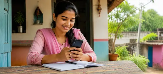 Young woman in a small-town Indian setting using her phone and notebook to understand her period cycle
