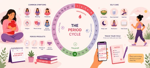 Illustrated menstrual cycle tracker with ovulation phases and period health icons