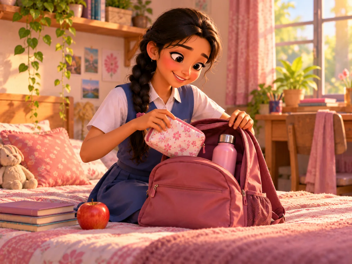 A girl packs a pouch of pads, a water bottle and fruit into her school bag.