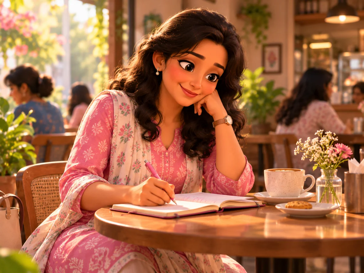 A woman in her forties notes dates in a small diary at a café table.