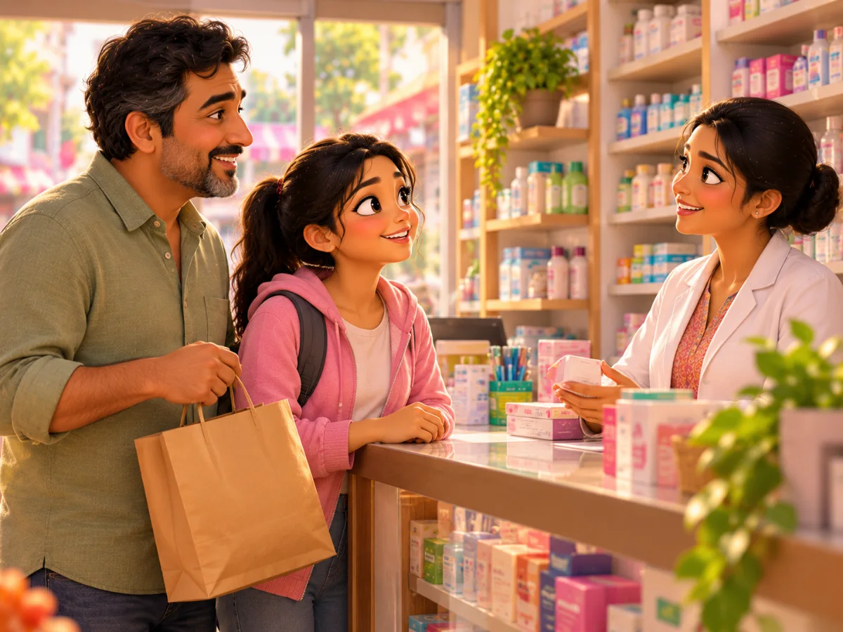A father and daughter shop together at a small pharmacy.