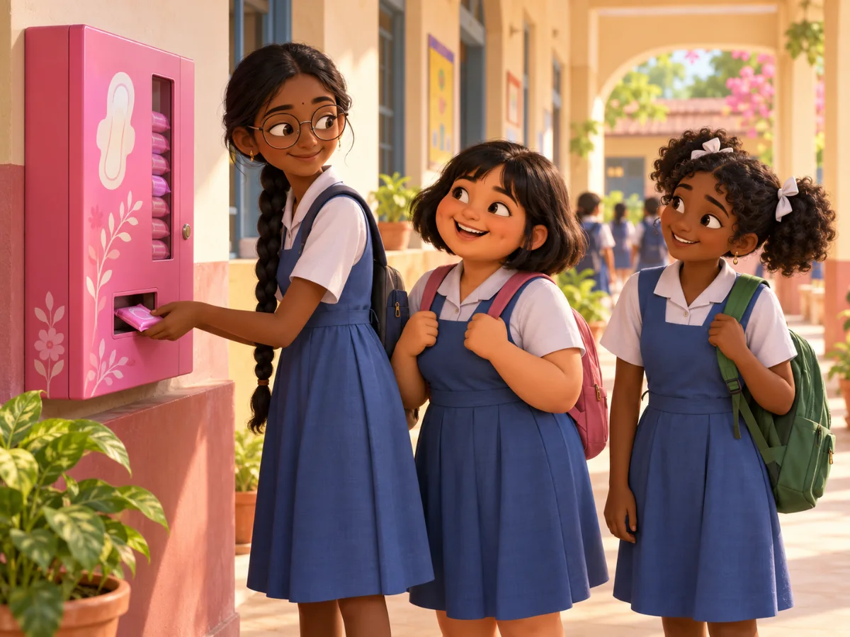 Three schoolgirls chat happily by a pink pad vending machine in a school corridor.