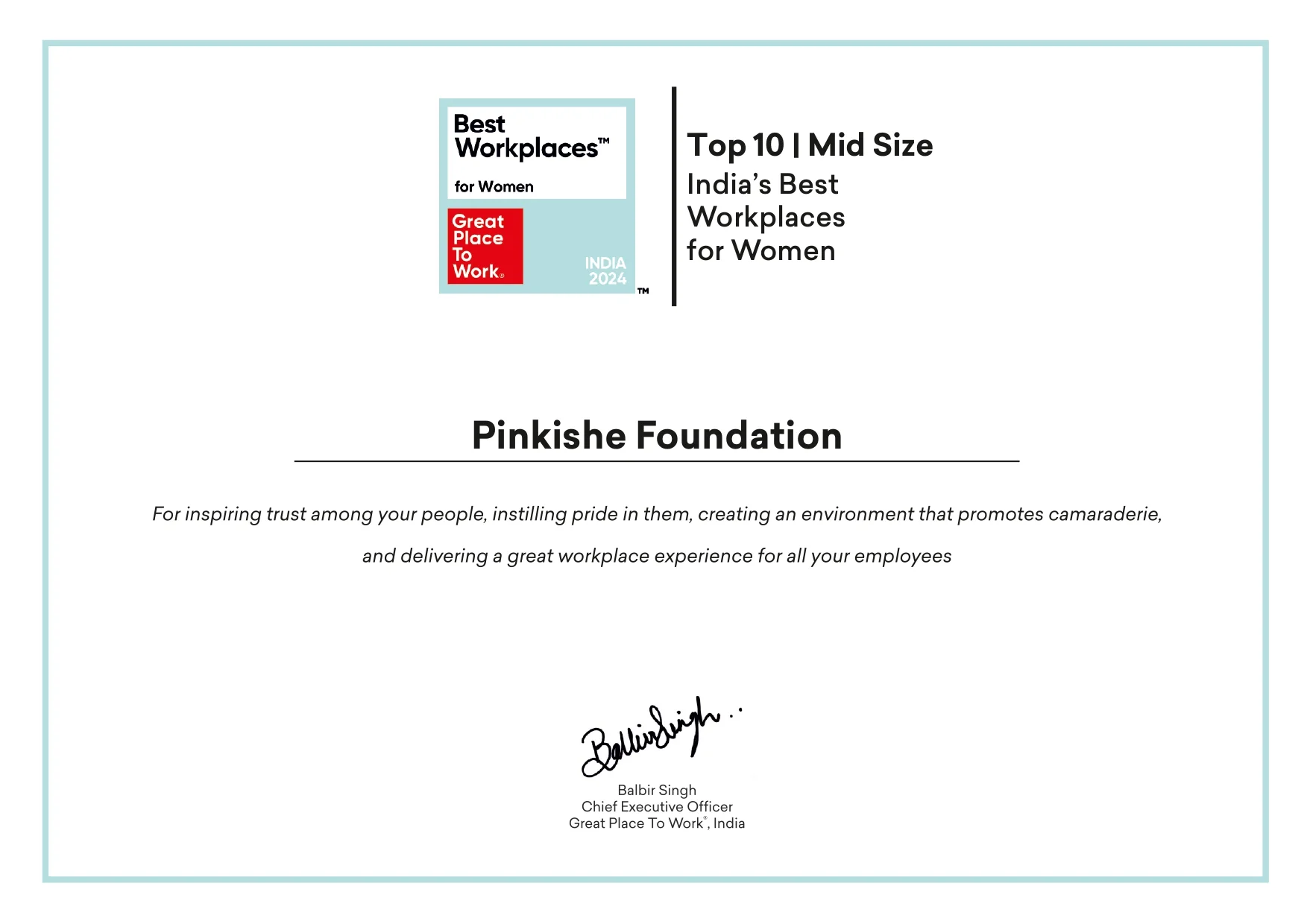 India's Best Workplaces for Women certificate