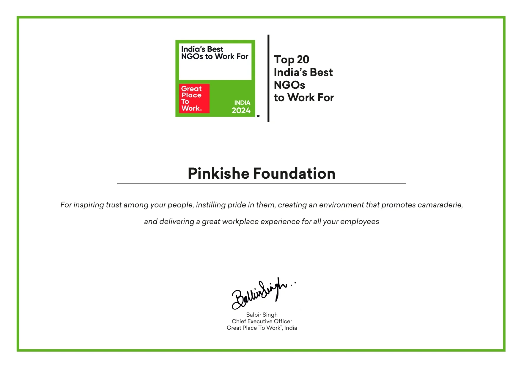 India's Best NGOs to Work For certificate