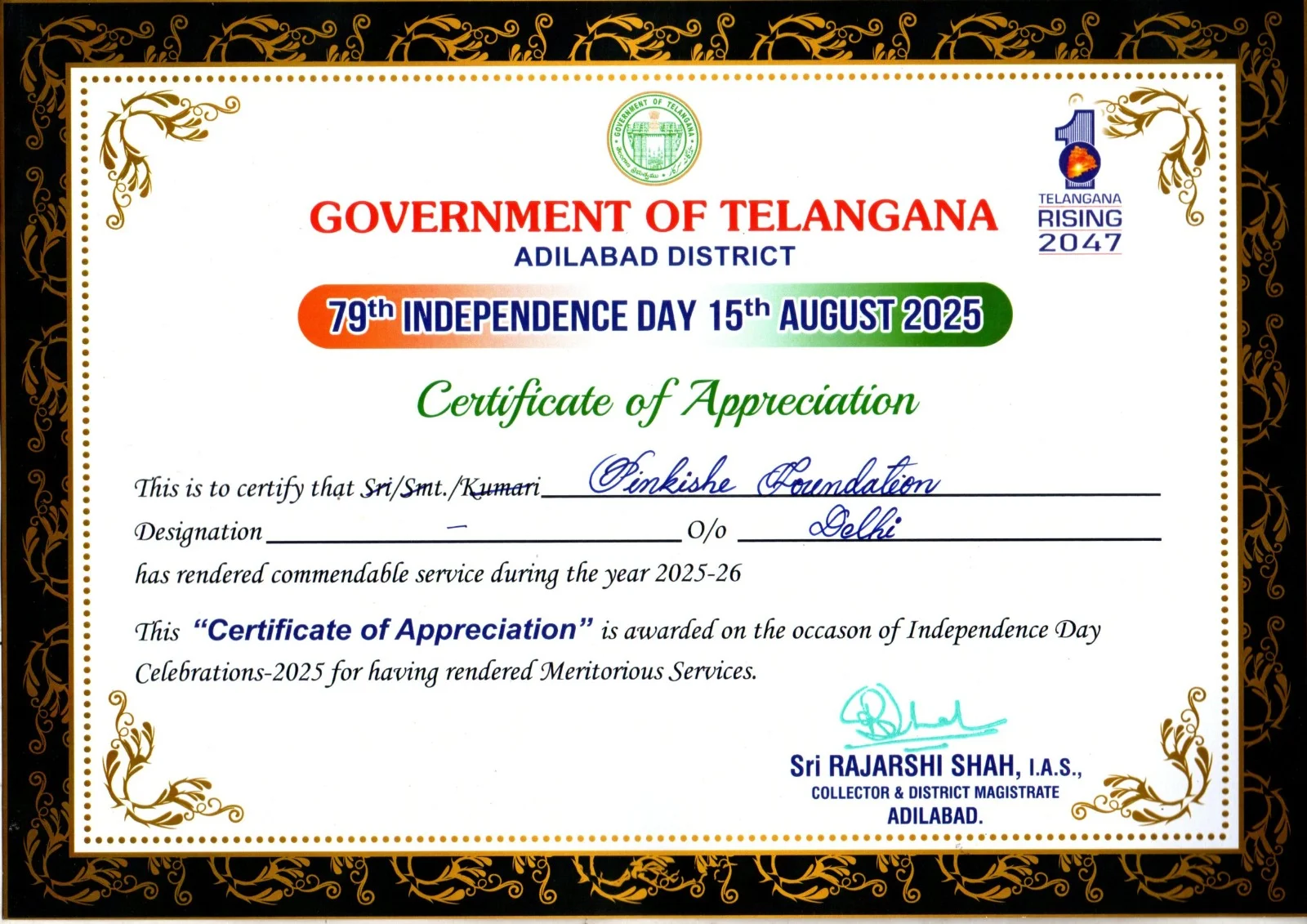 Letter of appreciation from the Government of Telangana to Pinkishe Foundation