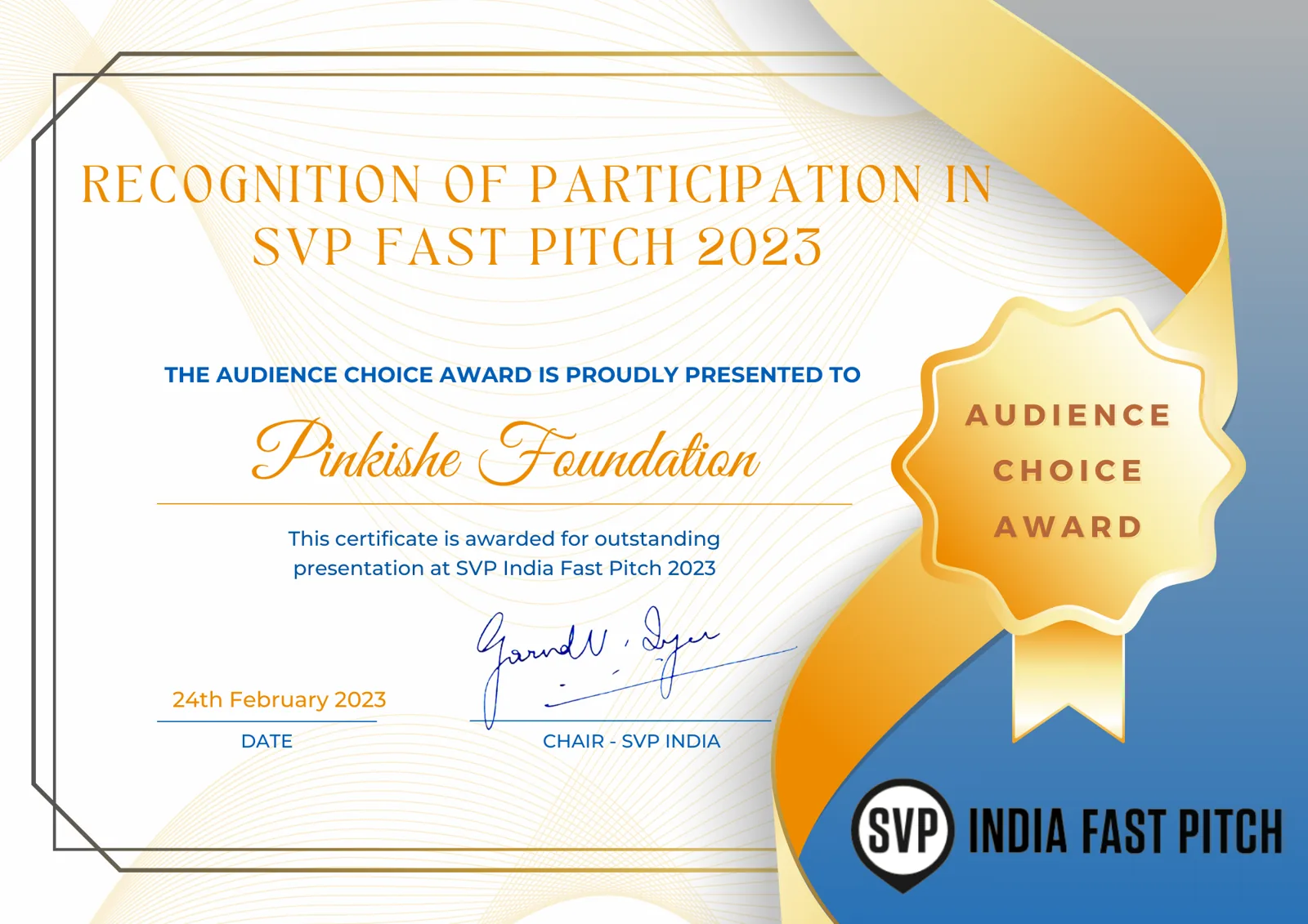 SVP India Fast Pitch 2023 Audience Choice Award certificate for Pinkishe Foundation, 24 February 2023