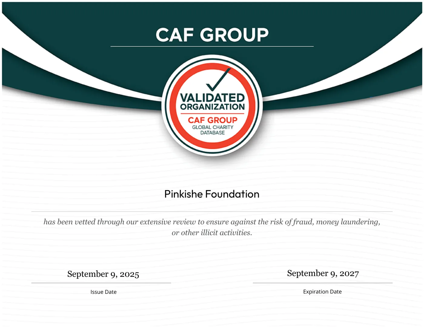 CAF Group Global Charity Database validation certificate for Pinkishe Foundation, 9 September 2025 to 9 September 2027