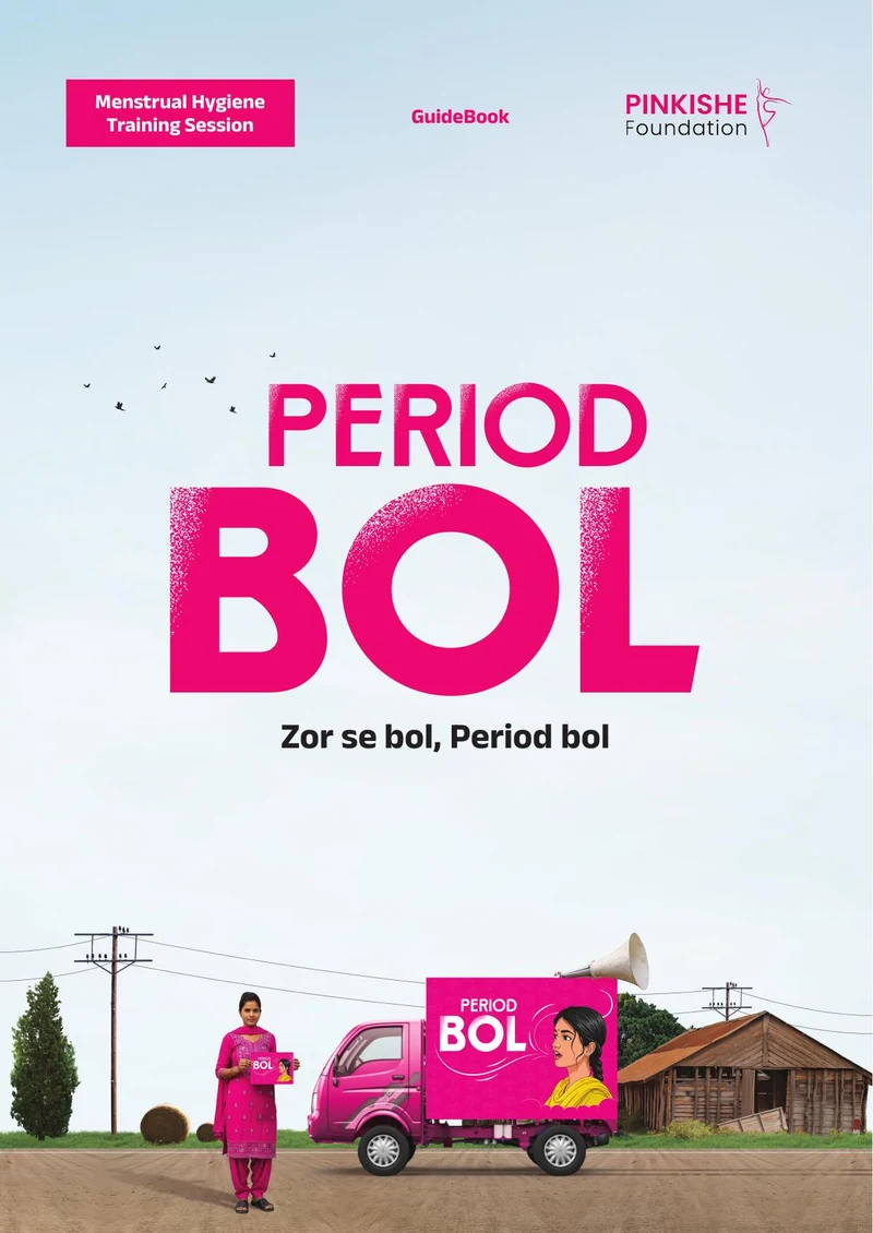 Cover of the Period Bol guidebook for menstrual hygiene training sessions, showing the Period Bol van and a Pinkishe educator
