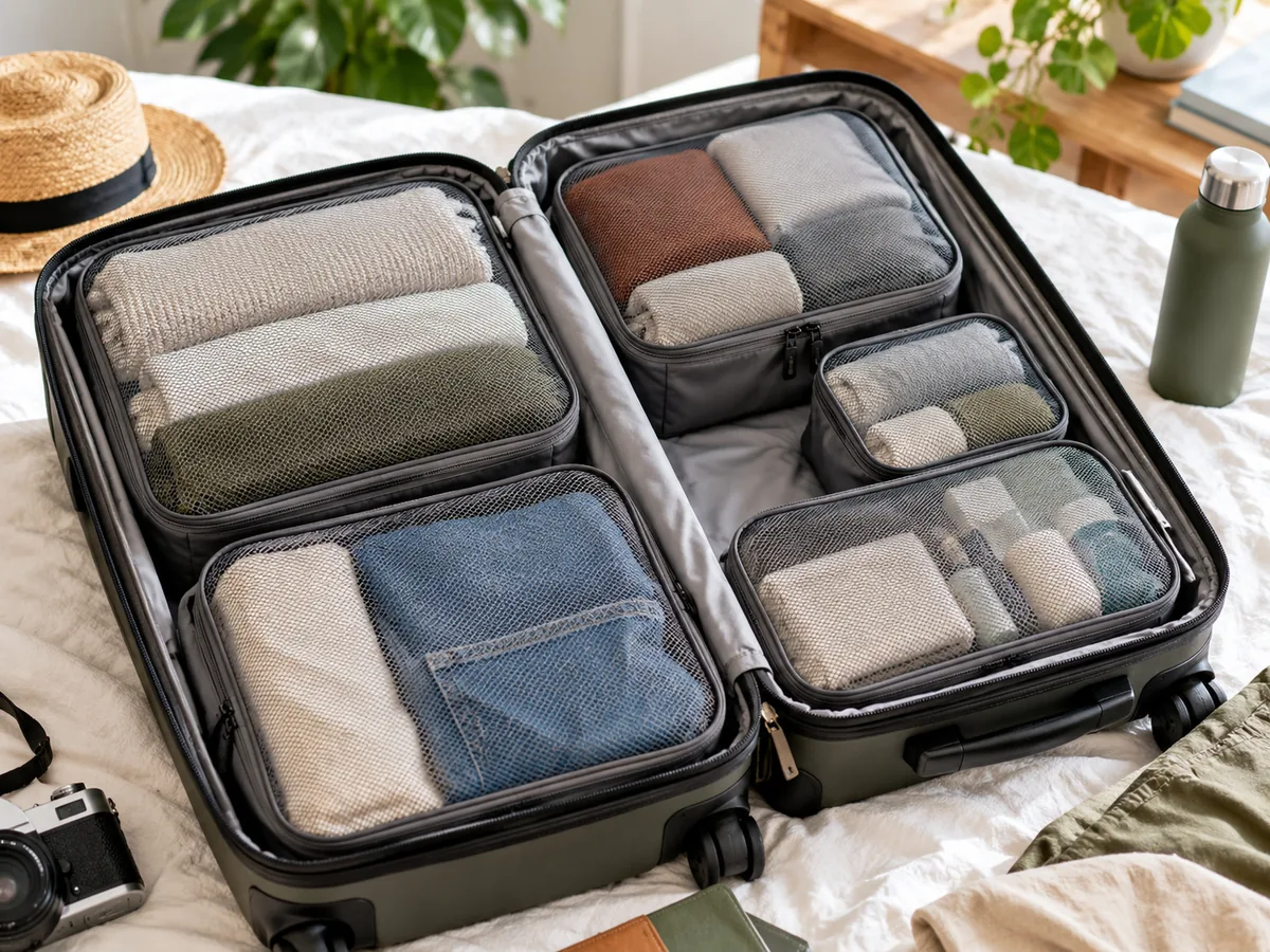 An organised suitcase packed for a holiday