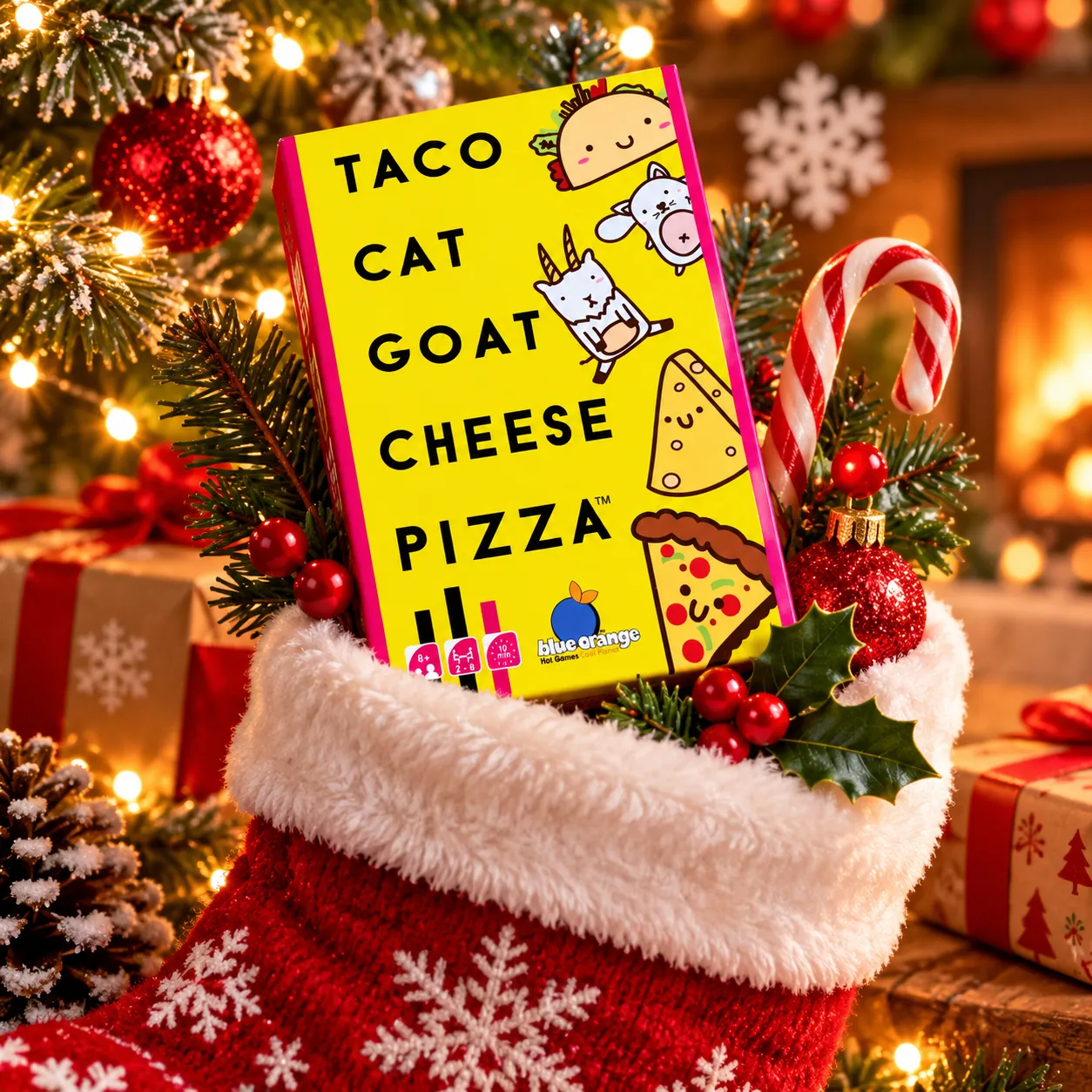 Taco Cat Goat Cheese Pizza card game peeking out of a Christmas stocking