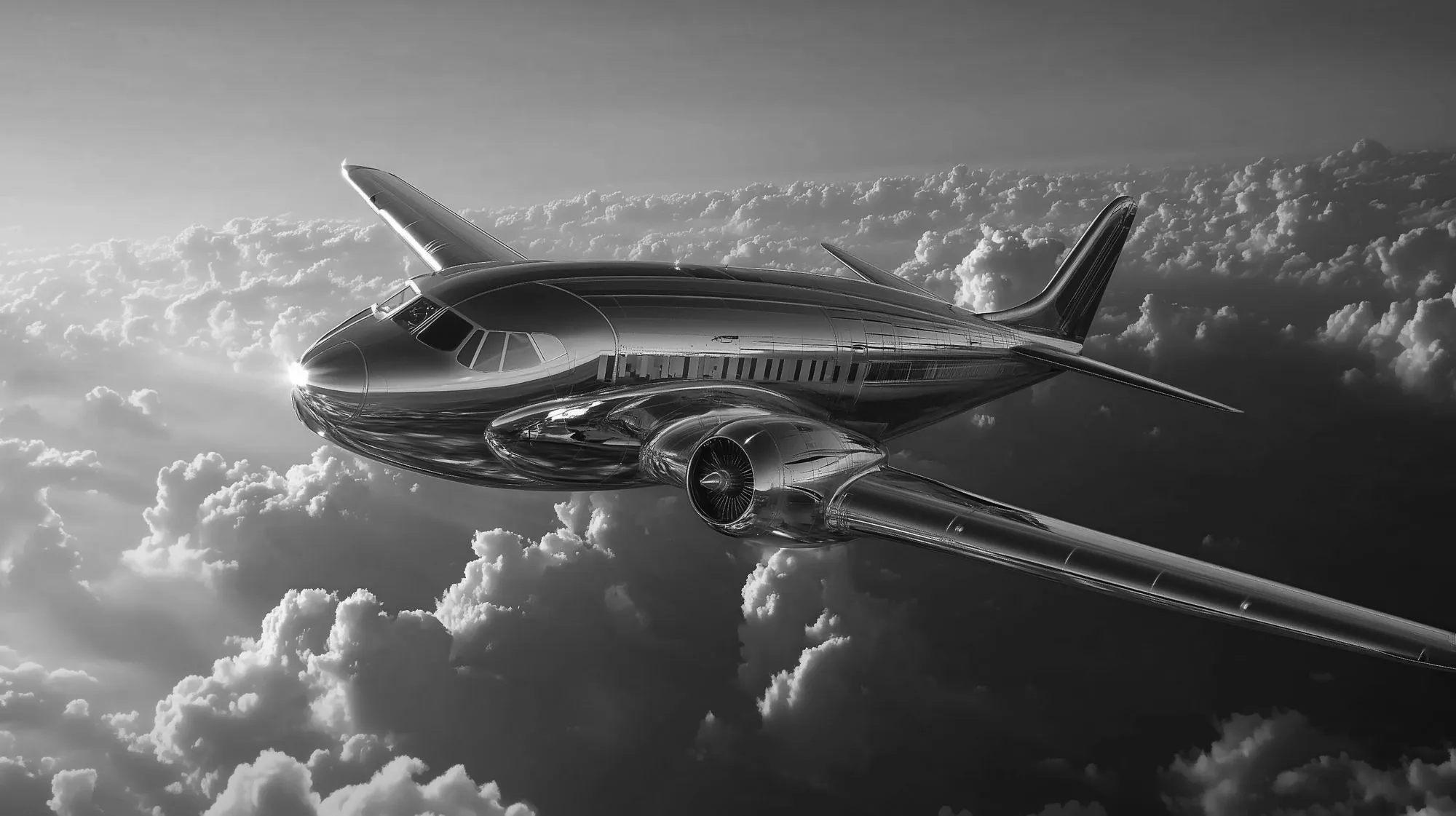 Black and white image of a sleek, reflective airplane flying above fluffy clouds under a partly cloudy sky.