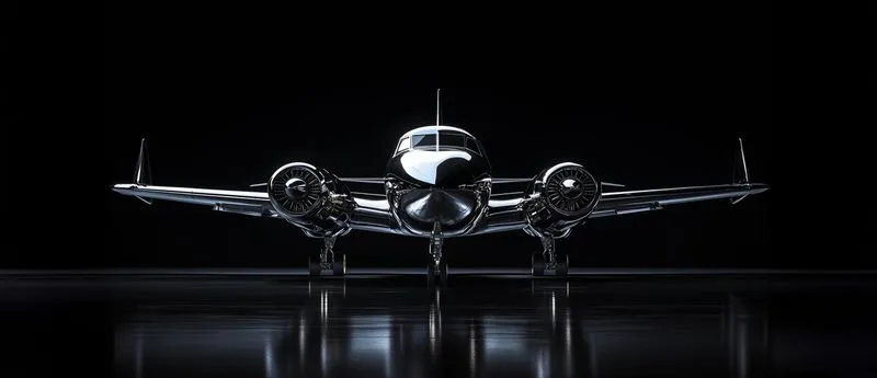 Front view of a sleek black twin-engine propeller airplane with its reflection on a glossy surface against a black background.