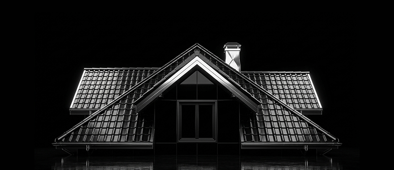 Black and white close-up of a modern house roof with tiled surfaces, a dormer window, and a chimney against a black background.