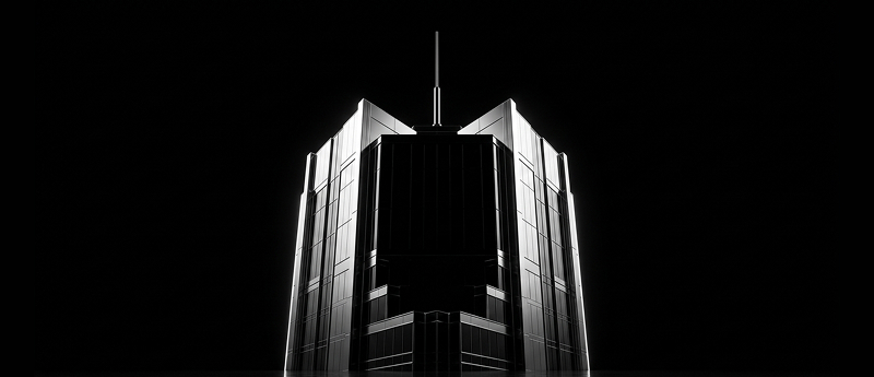 Black and white photo of a modern high-rise building lit from behind, highlighting clean vertical lines and sharp angles against a dark background.