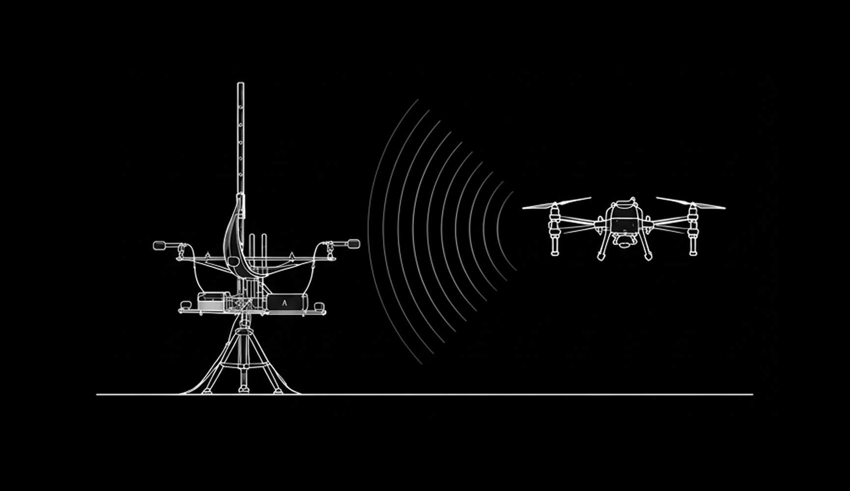 White line drawing on black background showing a tripod-mounted device emitting curved lines toward a quadcopter drone to illustrate a signal or communication link.