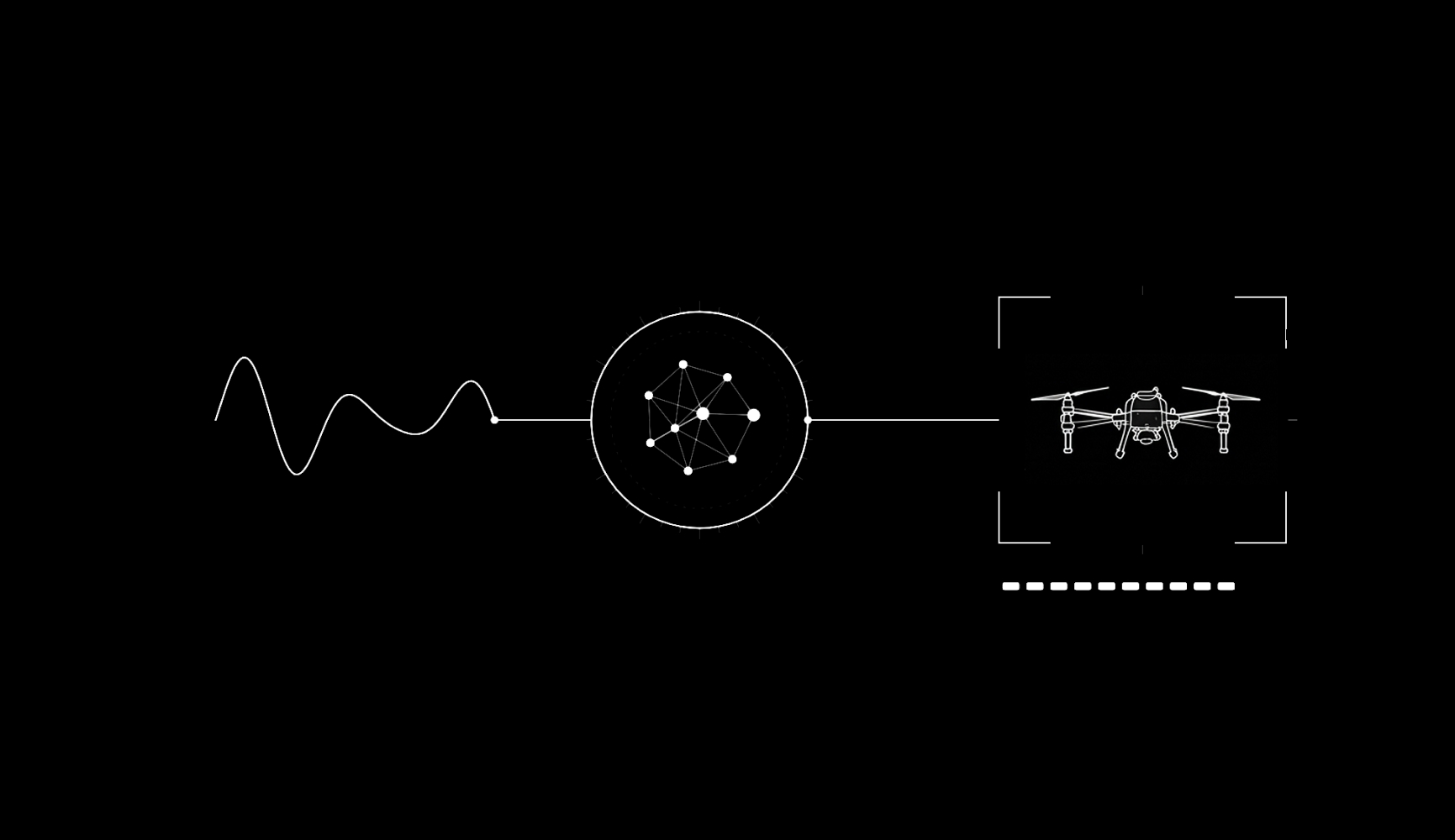 Digital schematic illustration showing a wavy line leading to a circular network node connected to a white drone icon, symbolizing communication or control technology.