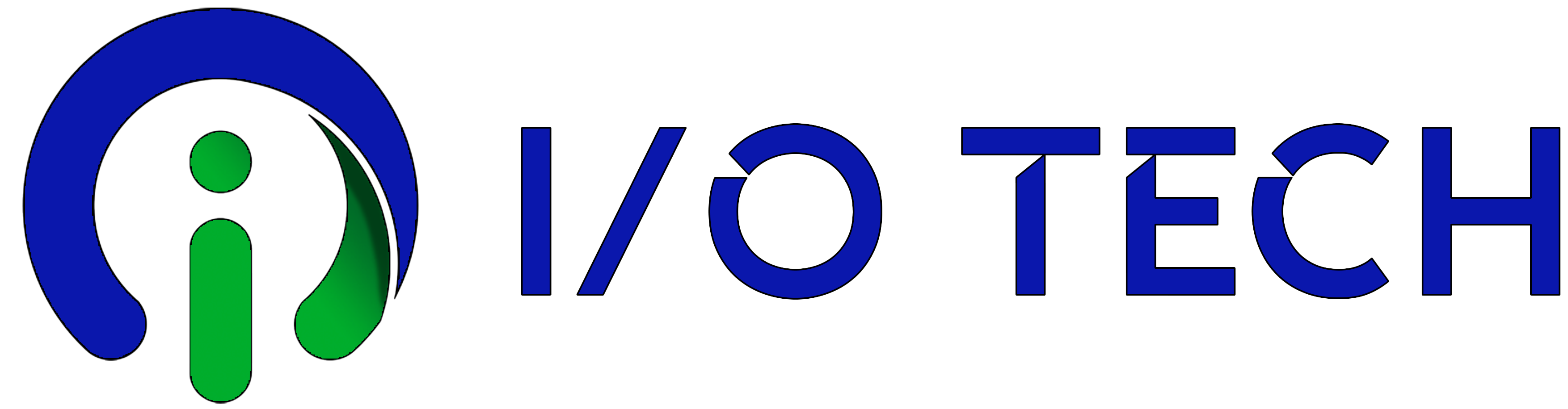 IO Tech logo featuring a stylized lowercase letter 'i' in green partially encircled by a blue arc resembling headphones, followed by the blue text 'I/O TECH'.