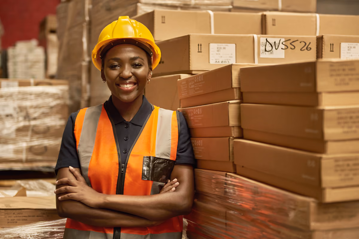 Warehouse worker in a hard hat and safety vest standing beside stacked boxes