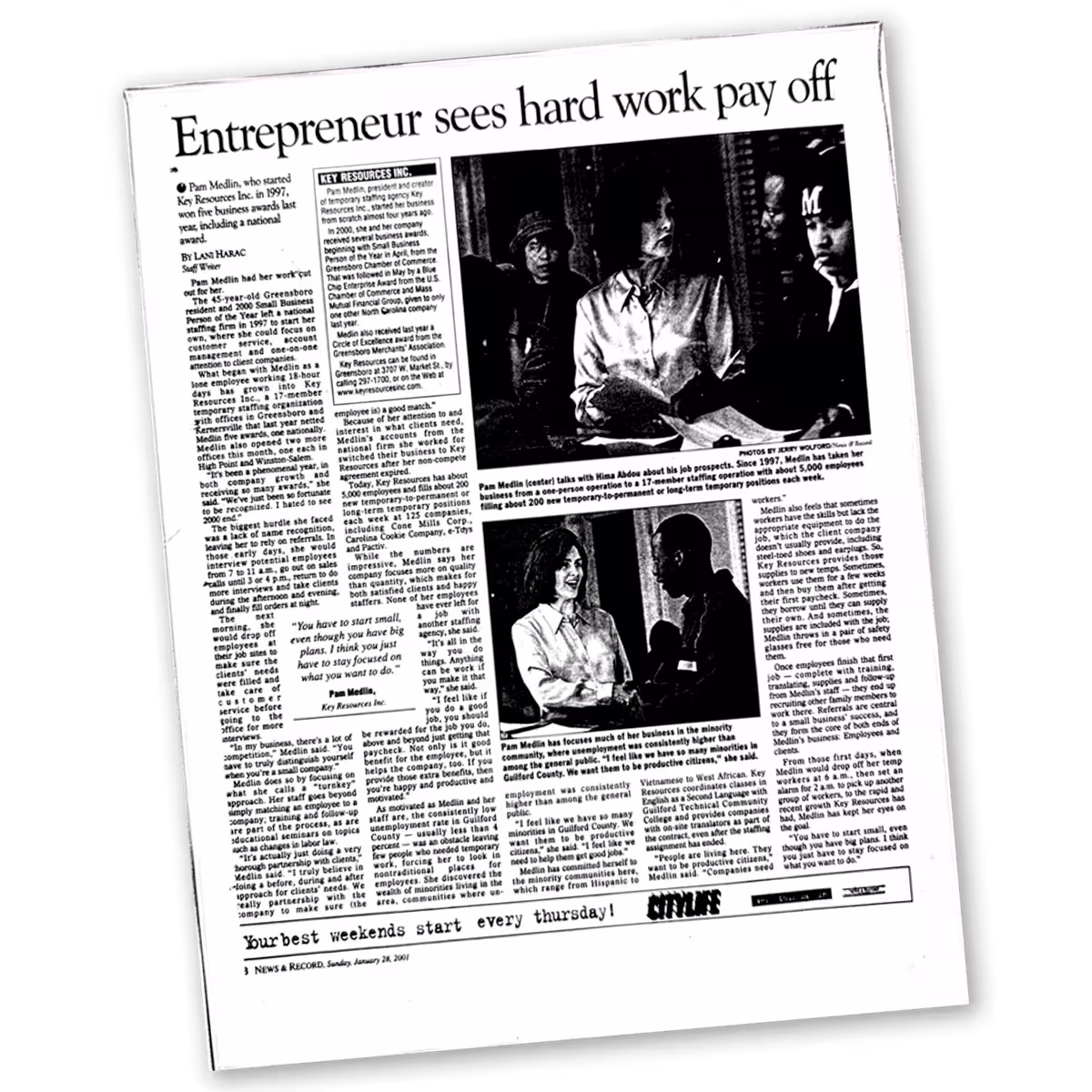 News & Record article from January 28, 2001, headlined “Entrepreneur sees hard work pay off,” profiling Pam Whitaker, then Pam Medlin, and Key Resources Inc., the Greensboro staffing firm she founded in 1997