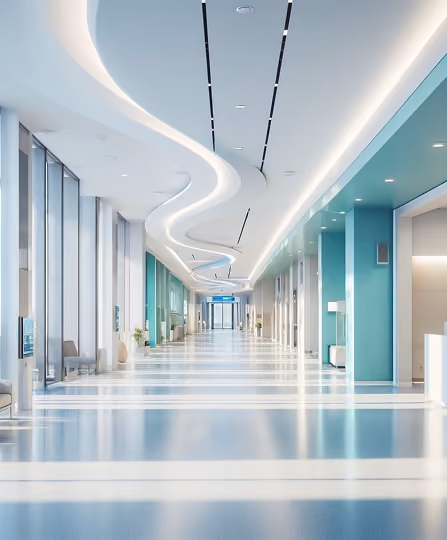 Bright, modern hospital hallway with a wavy ceiling light design, blue and white floors, teal walls, glass windows, and multiple elevator doors on the right.