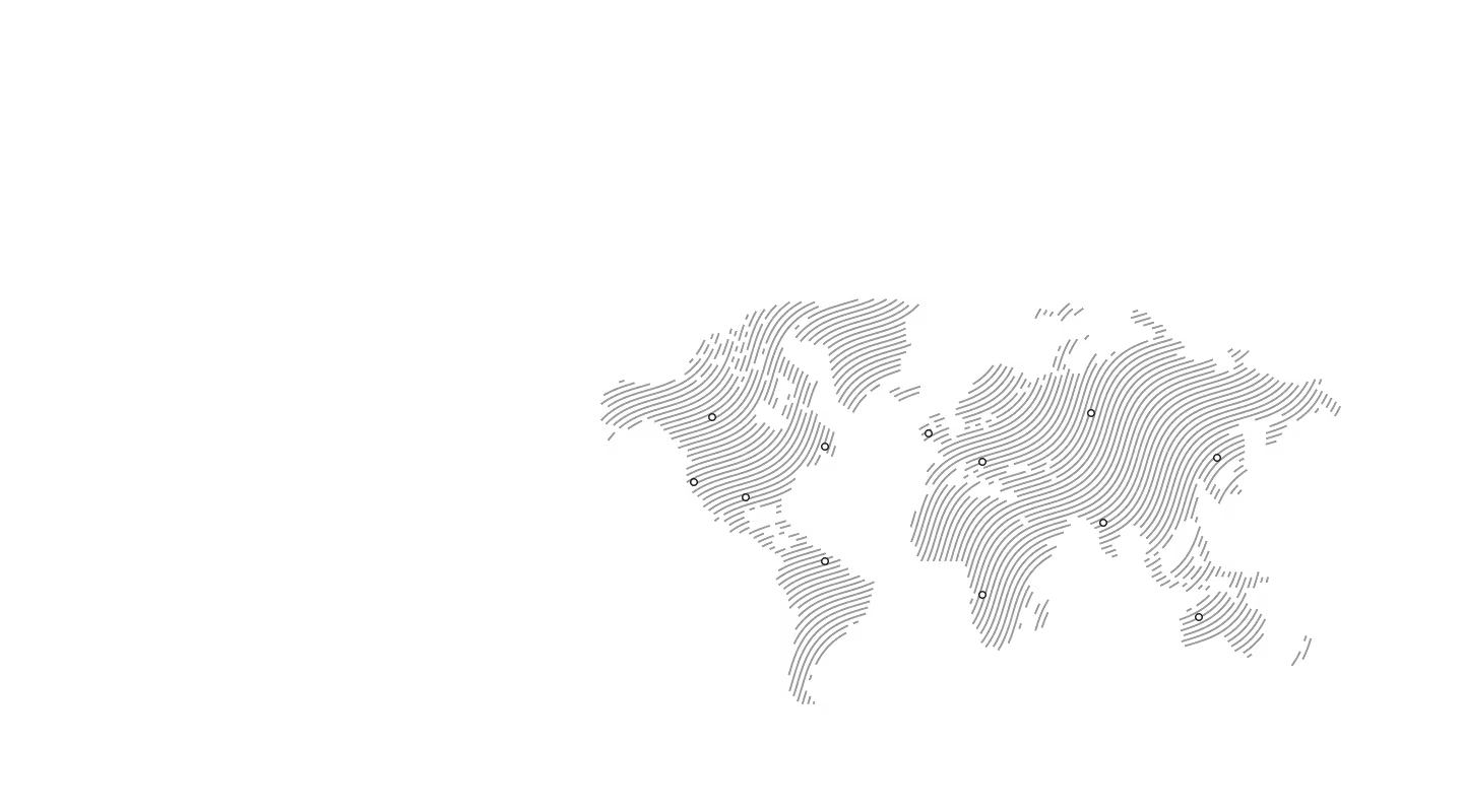 World map depicted in black with small white dots highlighting select global locations across continents.
