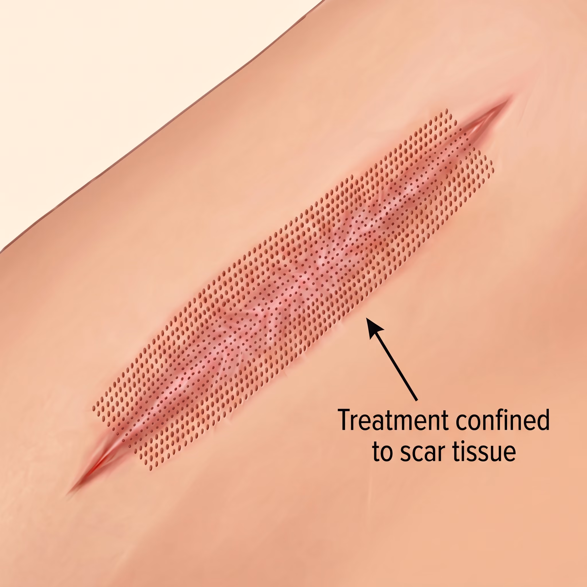 Close-up illustration of a scar on skin with tiny dots confined to the scar area, indicated by an arrow labeled 'Treatment confined to scar tissue'.