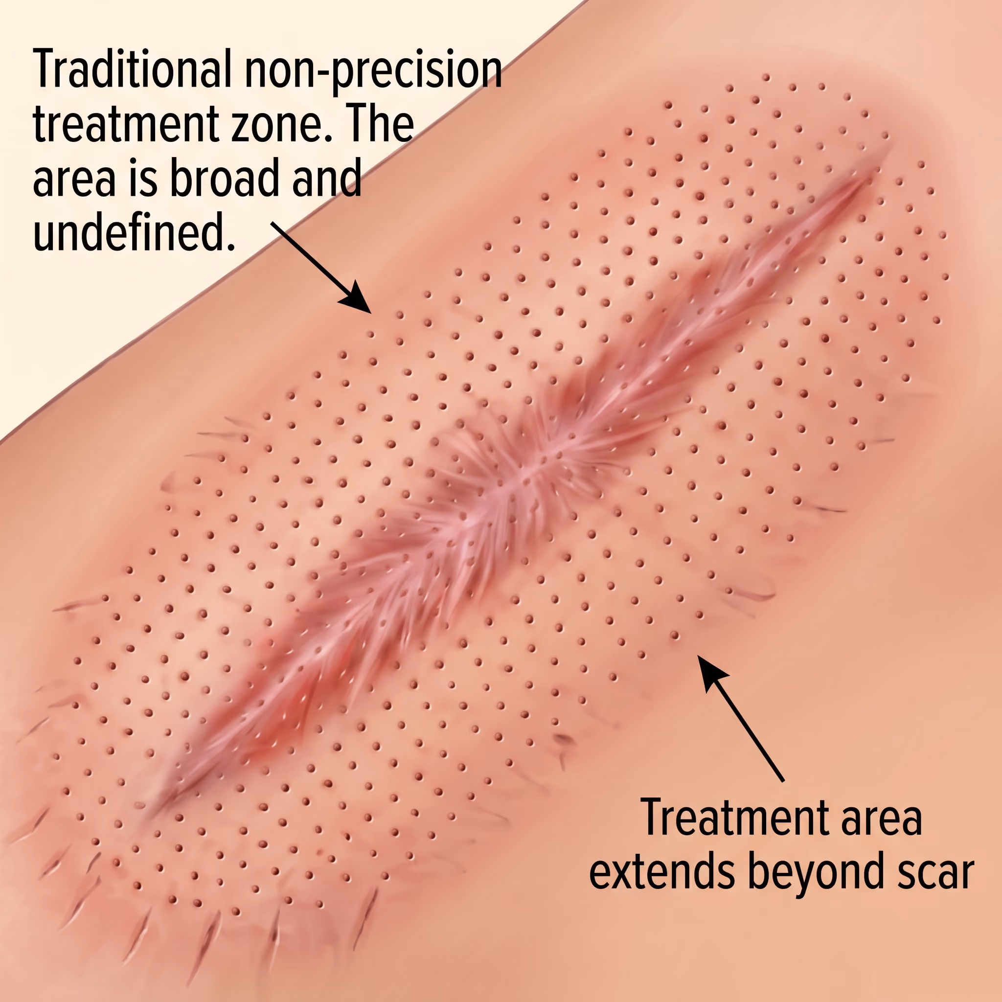 Close-up illustration of a scar with two labeled treatment zones: one broad, undefined traditional non-precision treatment zone around the scar, and another treatment area extending beyond the scar.