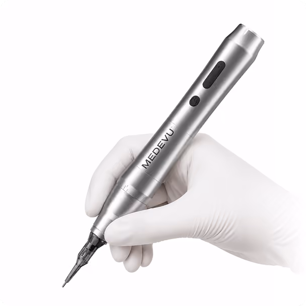 Hand wearing a white medical glove holding a silver MEDEVU-branded pen-like device with buttons, against a white background.