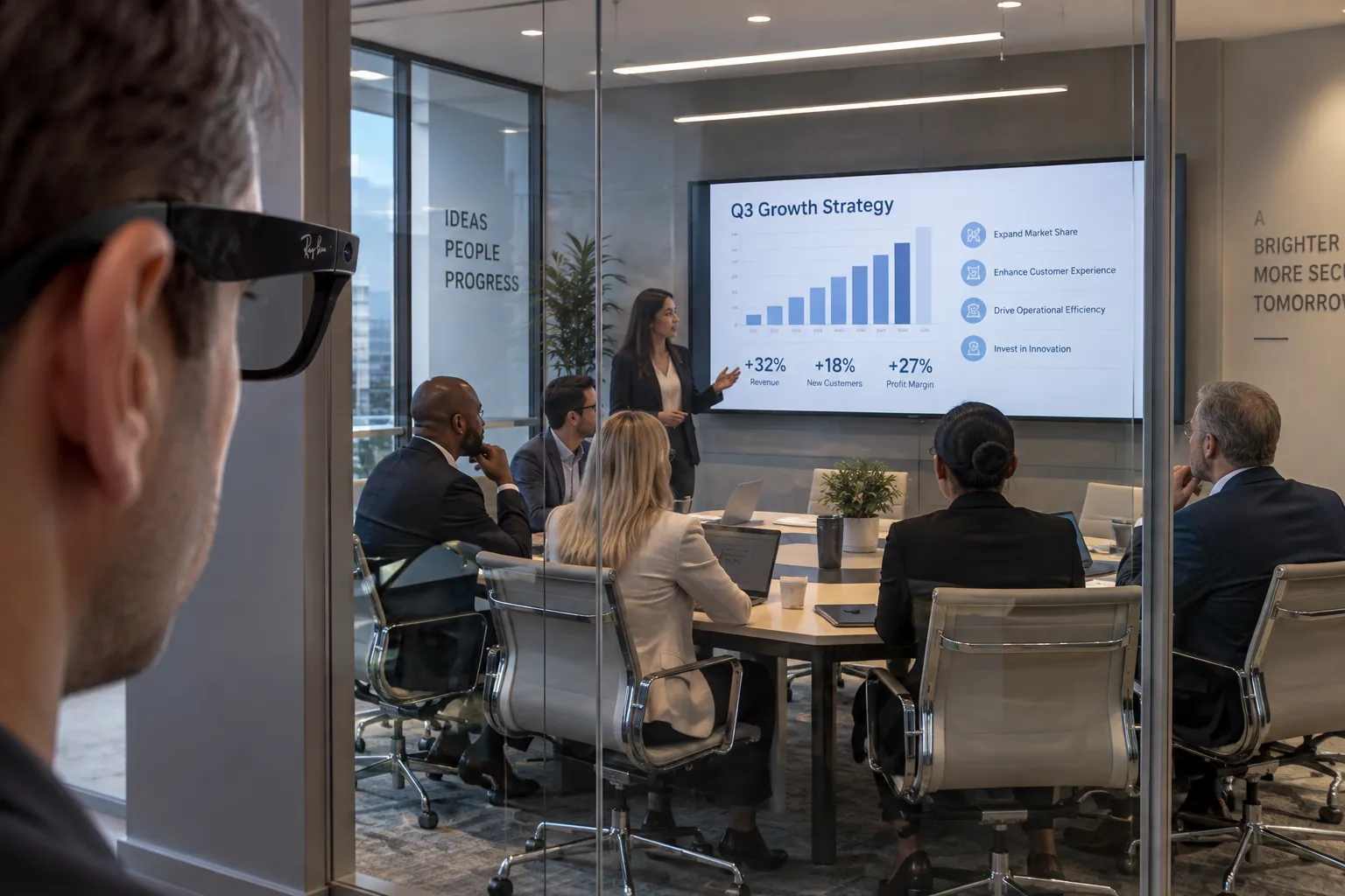 A person wearing smart glasses looking through a glass-walled meeting room