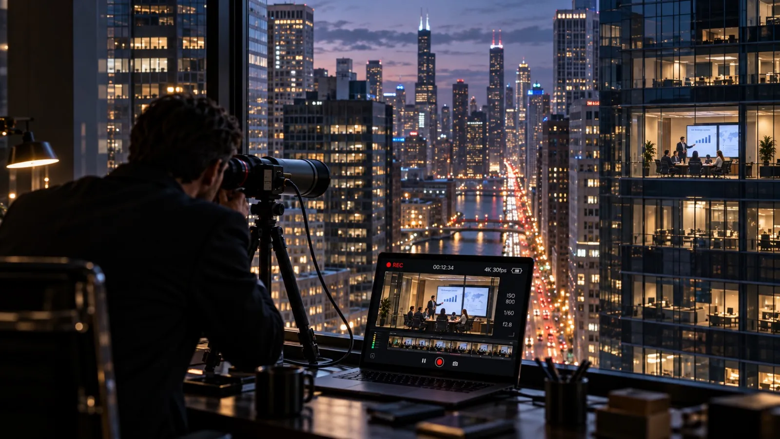 Long-lens surveillance aimed toward a neighboring office building