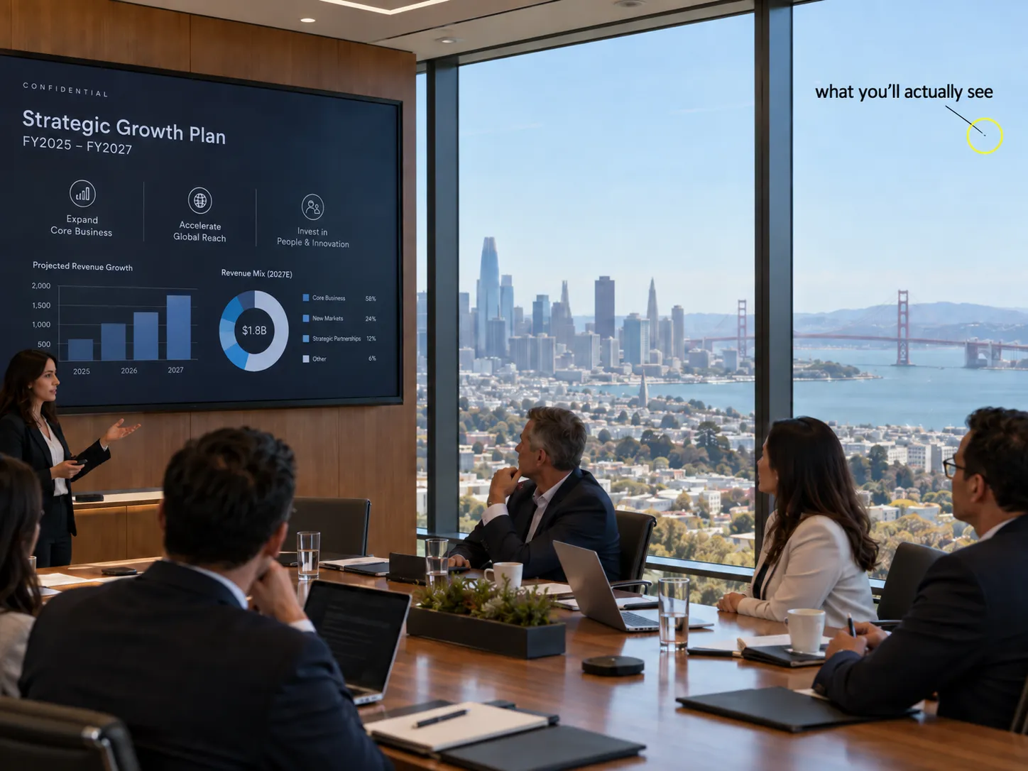 A drone observing a glass-walled boardroom from outside