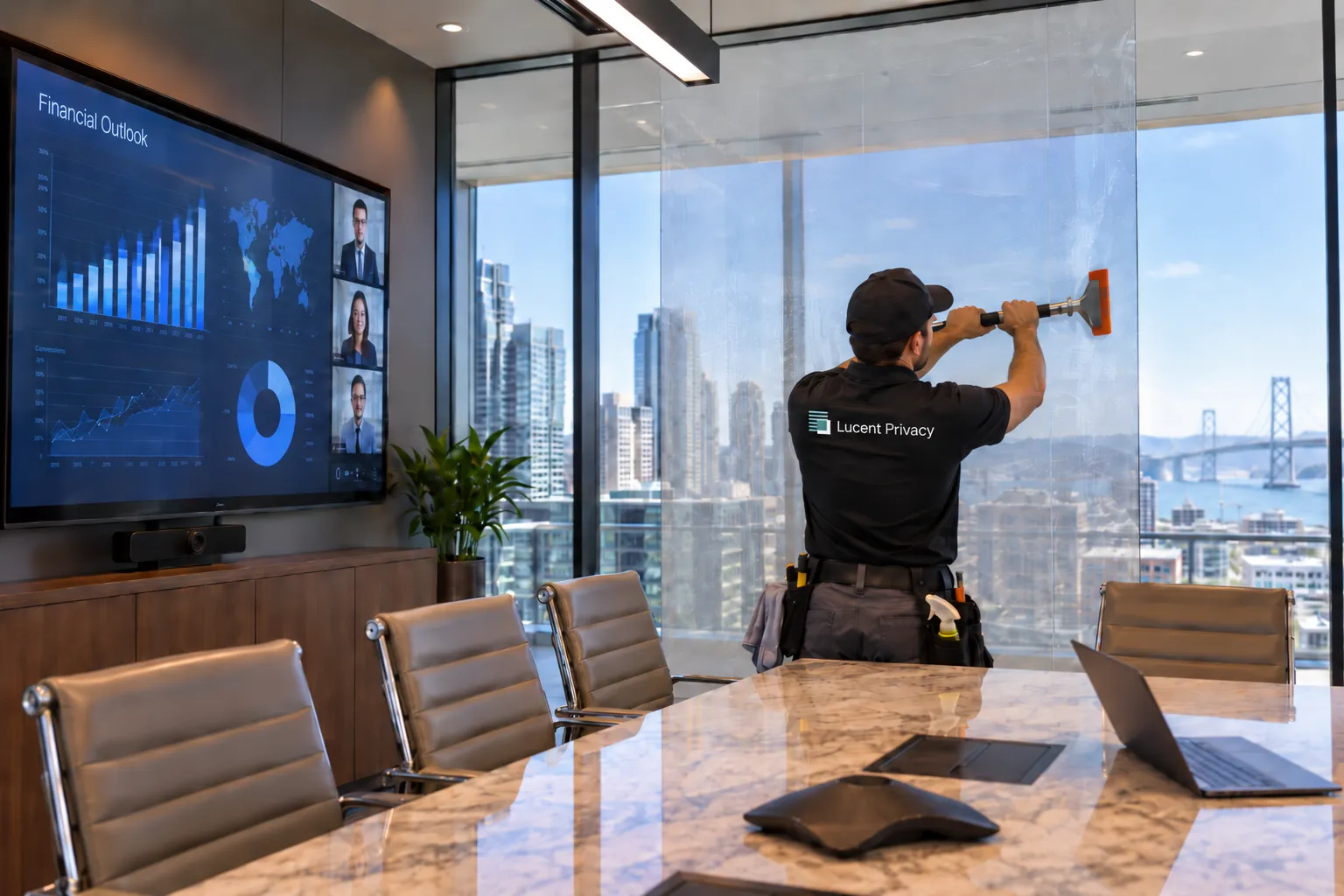 A certified installer applying QFilm Plus to glass