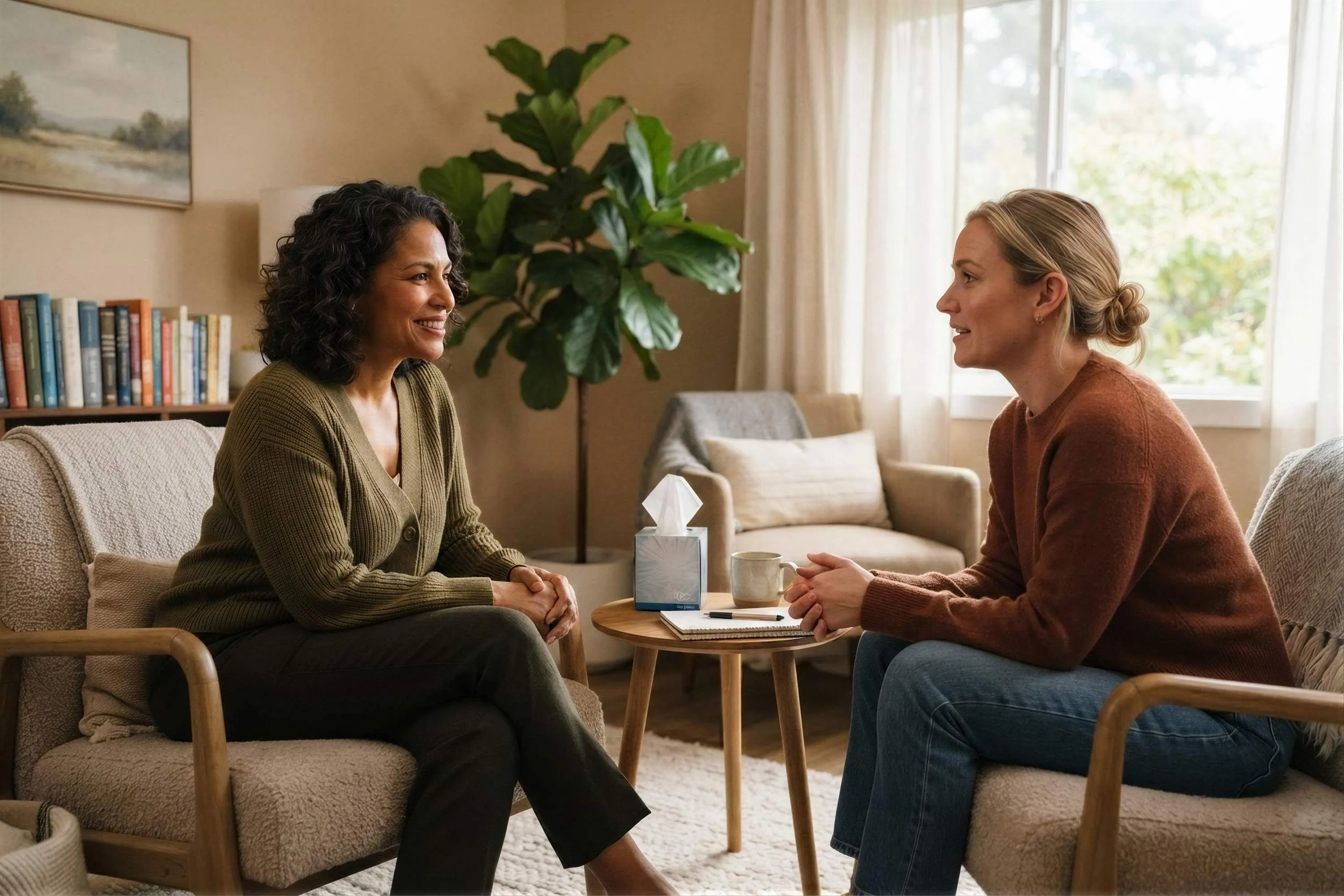 Two women talking in armchairs in a warm therapy office, with a tissue box and notebook on a side table between them