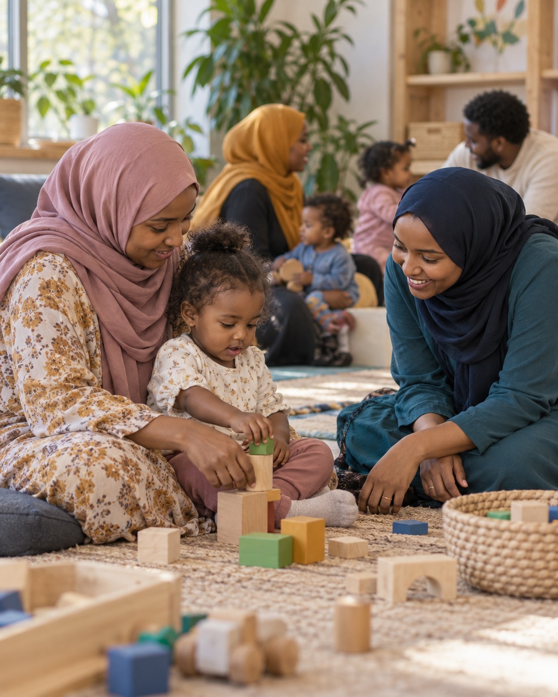 A mother and her toddler play with wooden blocks beside a smiling facilitator at a community playgroup