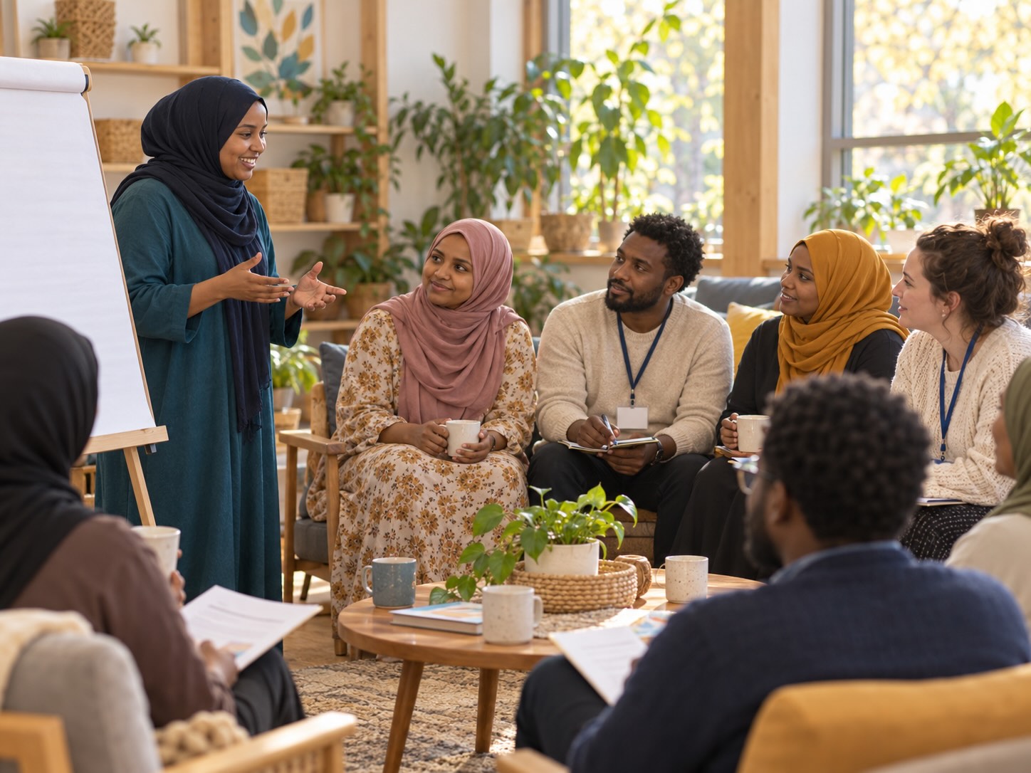 A facilitator leads a small community workshop with parents and professionals