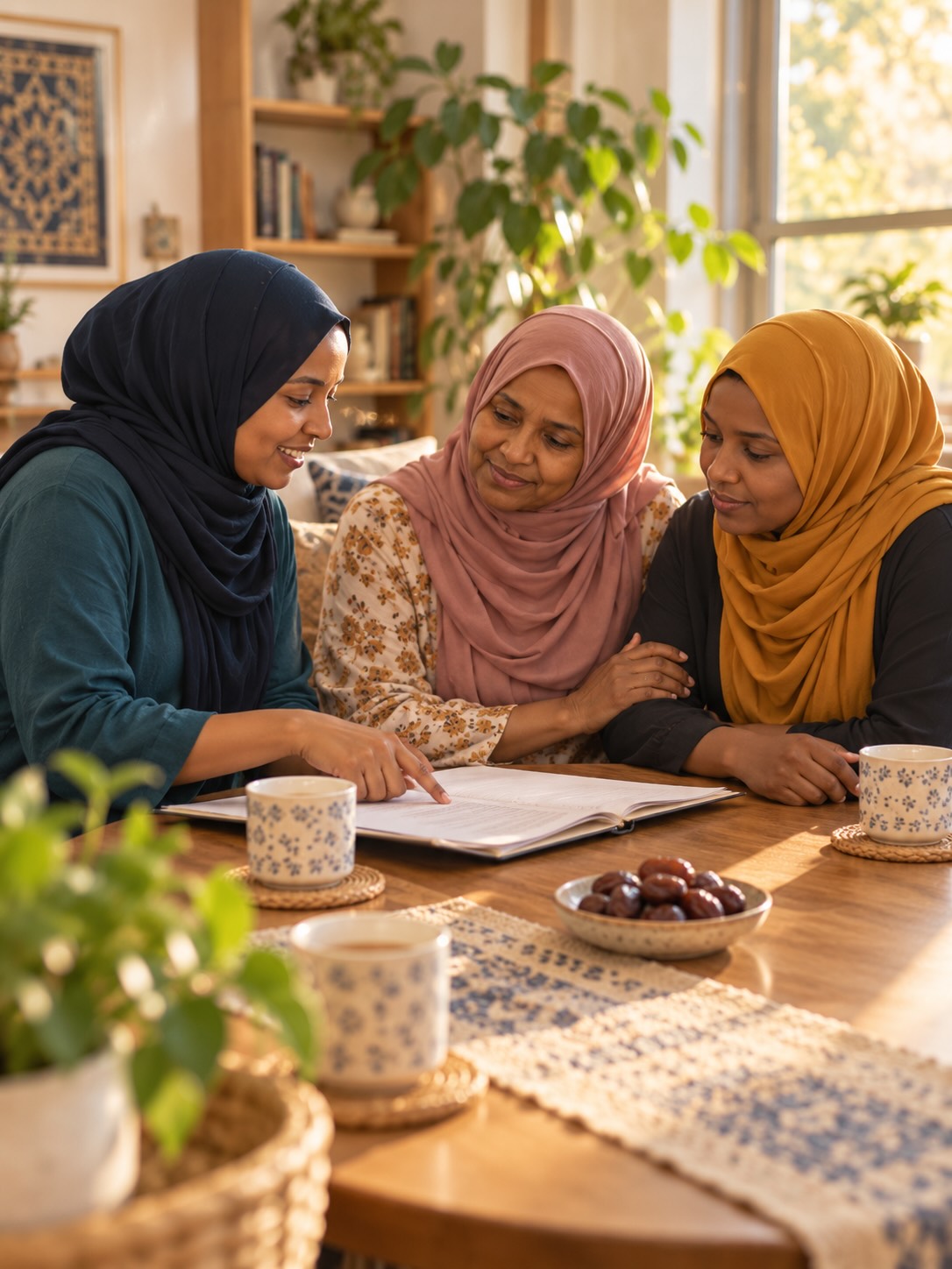 A community navigator talks through paperwork with a grandmother and her adult daughter over tea
